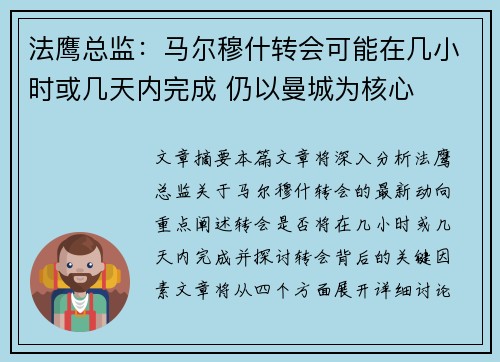 法鹰总监：马尔穆什转会可能在几小时或几天内完成 仍以曼城为核心