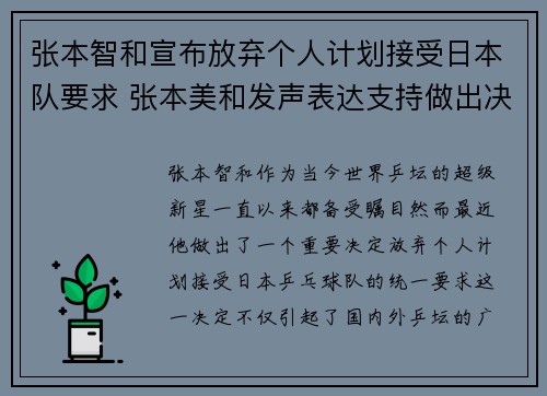 张本智和宣布放弃个人计划接受日本队要求 张本美和发声表达支持做出决定