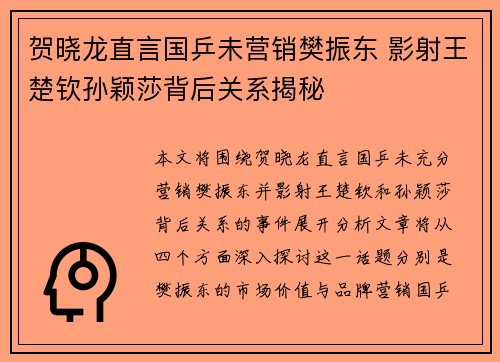 贺晓龙直言国乒未营销樊振东 影射王楚钦孙颖莎背后关系揭秘